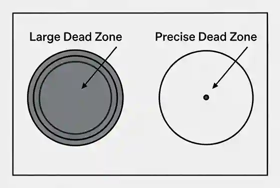 Visual comparison of a large dead zone on a fake controller vs a small dead zone on an original