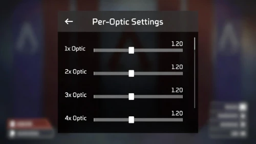 Per-Optic ADS sensitivity settings menu in Apex Legends.