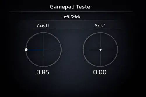 Gamepad Tester screen showing PS5 controller left stick only reaching 0.85 input value due to slow turn sensor failure