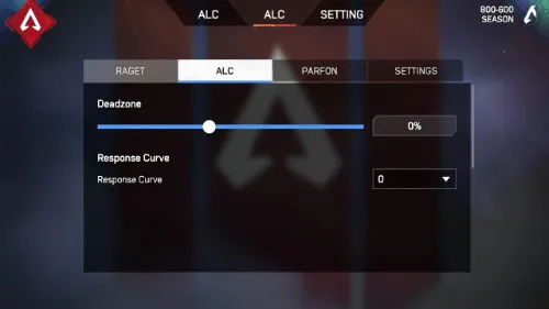 Apex Legends ALC settings screen showing Deadzone at 0% and Response Curve at 0.