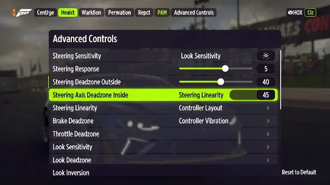 Screenshot of Forza Horizon 5 advanced controls menu showing best linearity and deadzone settings