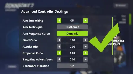 Overwatch 2 Advanced Controller Settings menu showing Aim Smoothing at 0% and Dual-Zone selected.