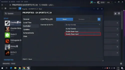 Steam controller settings menu with Disable Steam Input selected