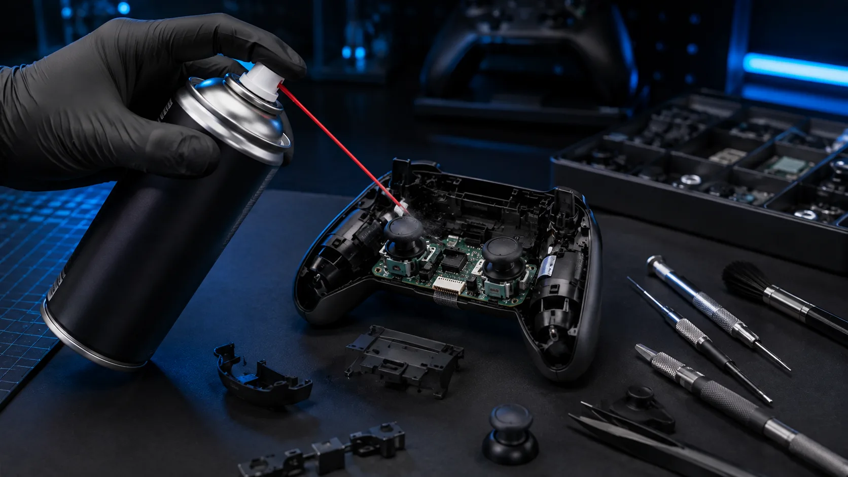 Electronic contact cleaner for controller maintenance and joystick cleaning