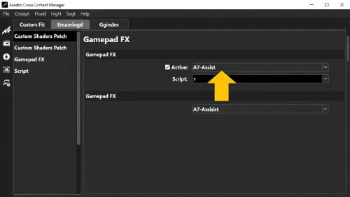 How to enable Gamepad FX and select A7 Assist script in Assetto Corsa Content Manager.