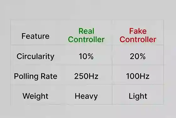 Comparison chart table showing technical specs for fake vs real gamepads