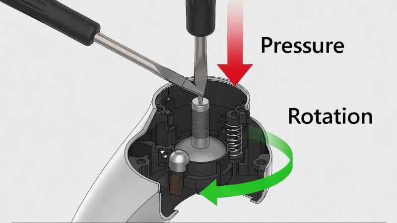 Diagram showing how to apply downward pressure to fix a spinning tension screw on Xbox Elite Series 2.