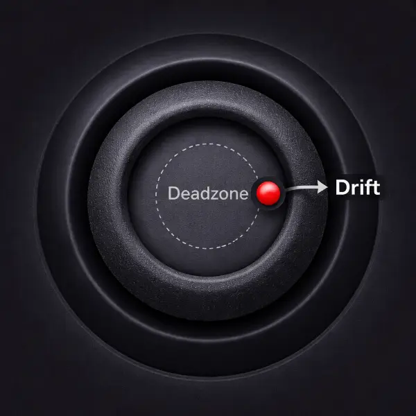 Diagram of a controller analog stick showing deadzone radius and stick drift.