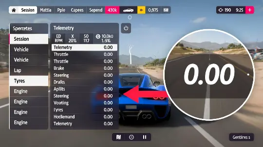 Forza Horizon 5 telemetry screen showing steering input values for deadzone testing