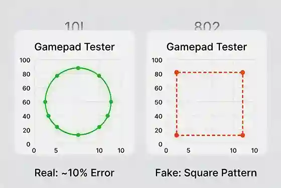 Gamepad tester results showing a smooth circle for real controllers and a square shape for fakes