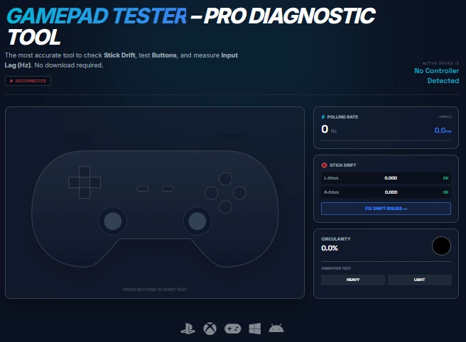 Gamepad tester tool showing a controller with stick drift where the axis is moving without input.