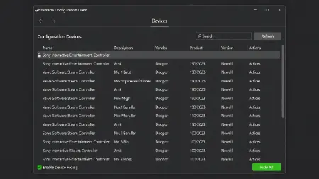 HidHide configuration screen blocking physical controller visibility