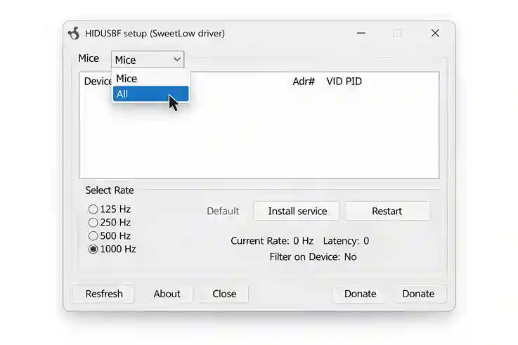 hidusbf driver setup window showing how to select All devices