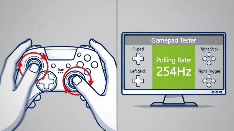 Illustration showing how to test gamepad polling rate: rotate analog sticks in circles while watching the Hz counter on the monitor.