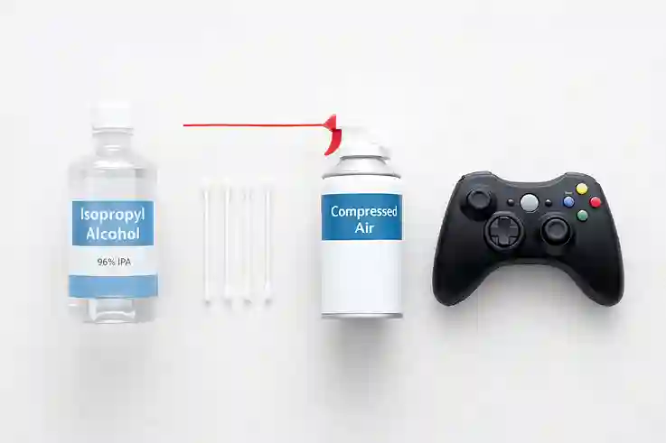 Flat lay of cleaning tools including isopropyl alcohol and cotton swabs