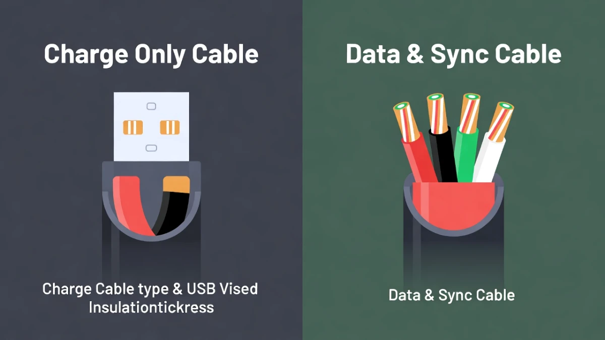 Comparison diagram of a 2-wire charging cable versus a 4-wire data transfer micro-USB cable.