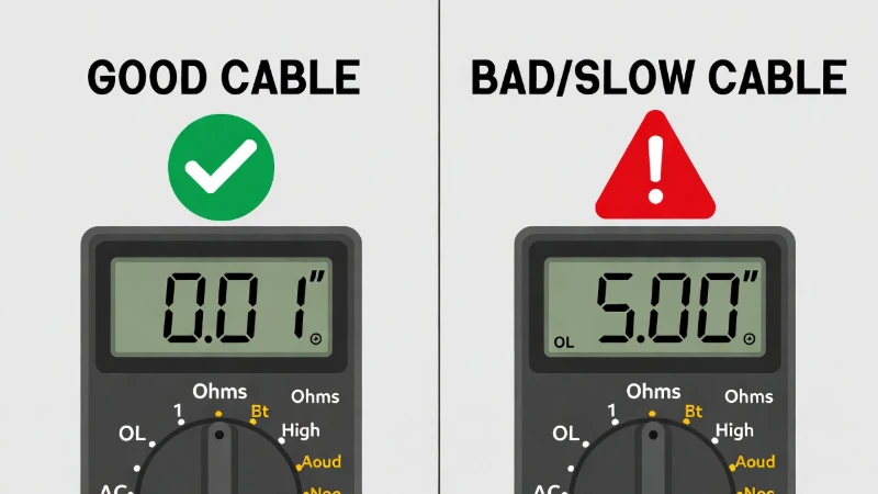 Comparison of multimeter readings showing low resistance for good cables versus high resistance or Open Loop for bad cables