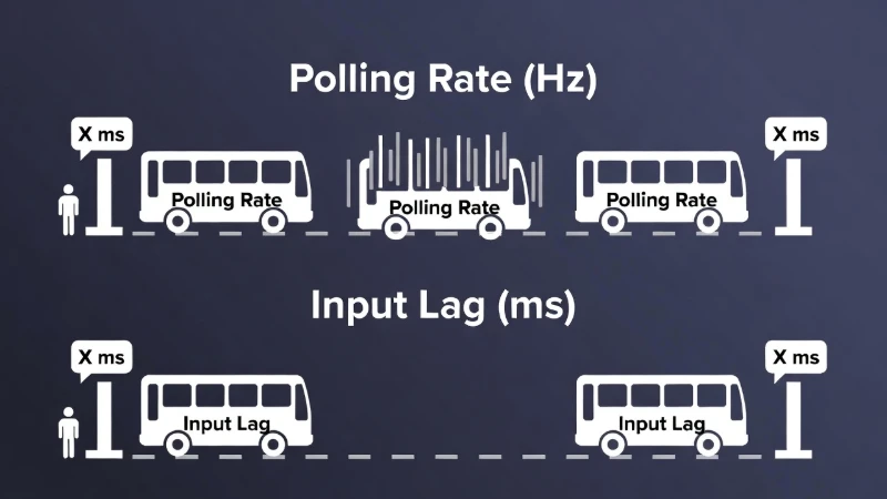Infographic comparing controller polling rate frequency versus input lag delay time
