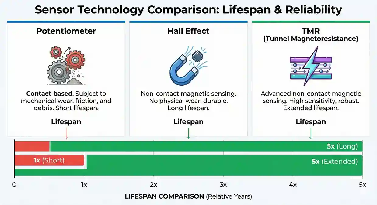 Comparison chart showing the lifespan and durability differences between Potentiometer, Hall Effect, and TMR sensors.