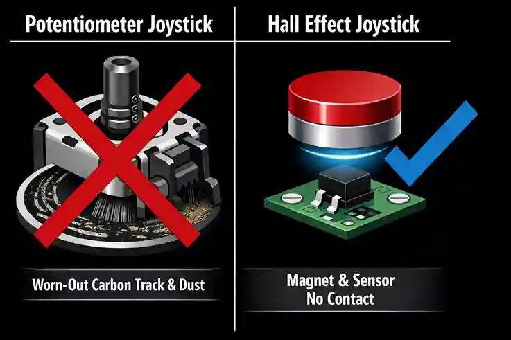 Diagram comparing worn potentiometer carbon tracks vs contactless Hall Effect magnetic sensors