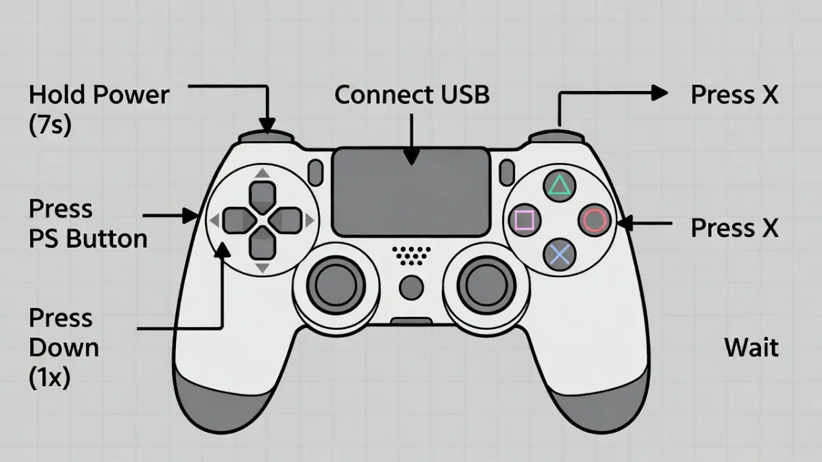 Infographic showing the controller button sequence to reset PS4 resolution blindly in Safe Mode