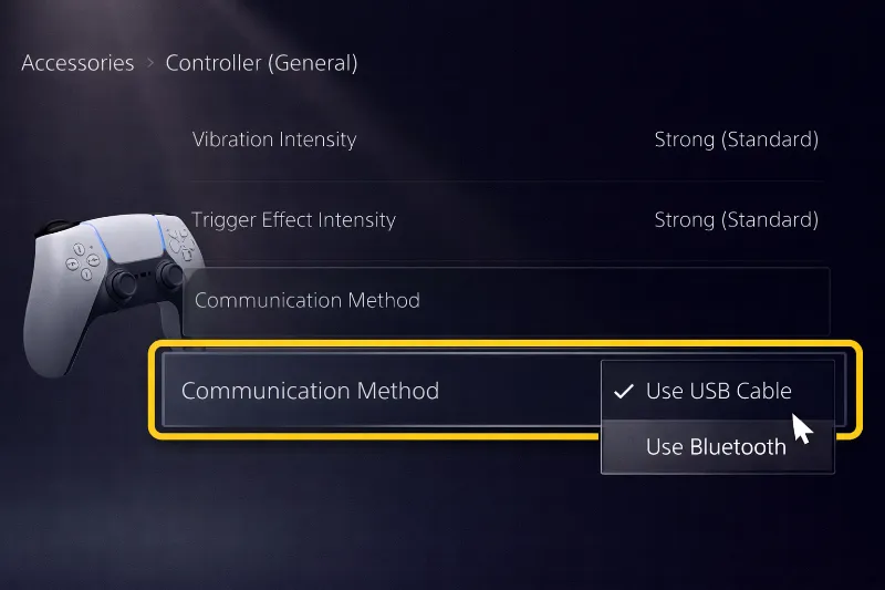 PS5 accessories settings menu changing controller communication method from Bluetooth to USB Cable