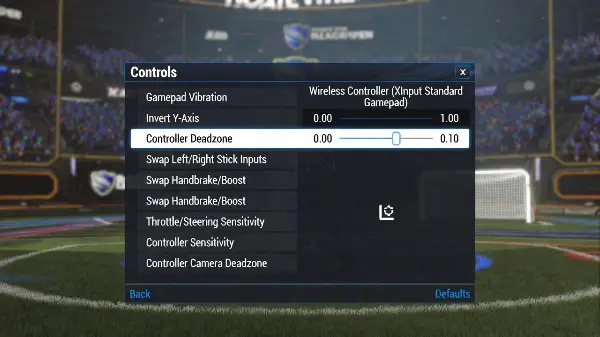 Rocket League controller settings menu showing a low deadzone value of 0.05 for snappy steering