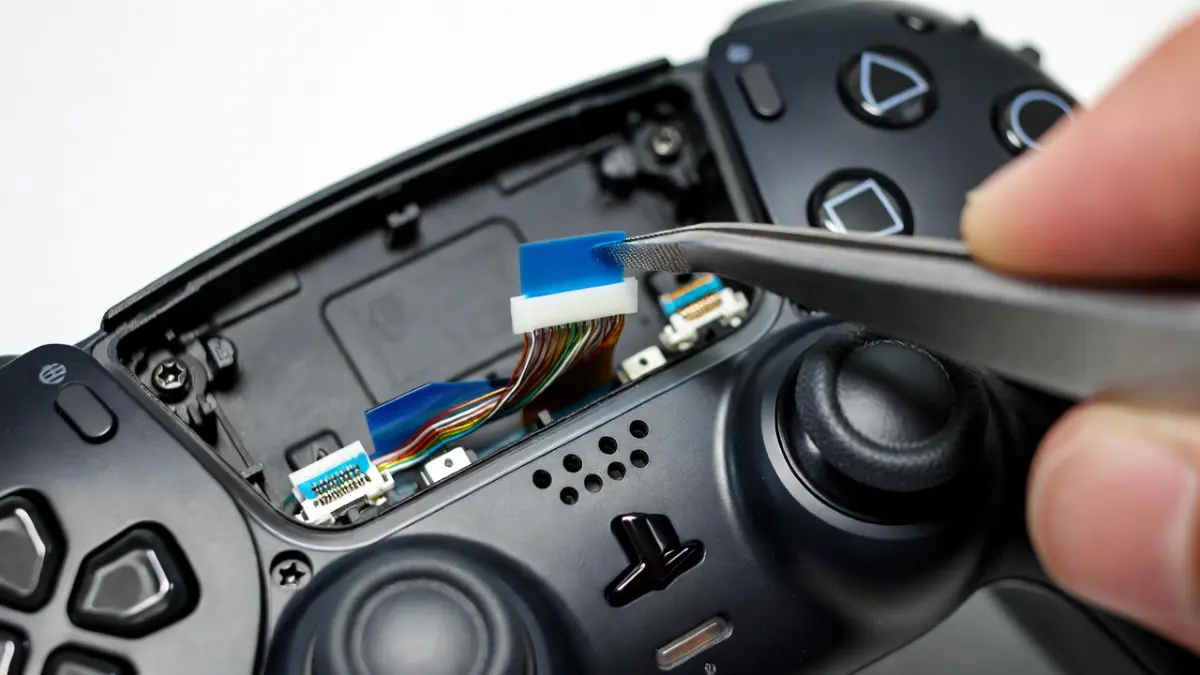 Using tweezers to safely disconnect a fragile ribbon cable inside a PS5 DualSense controller during disassembly