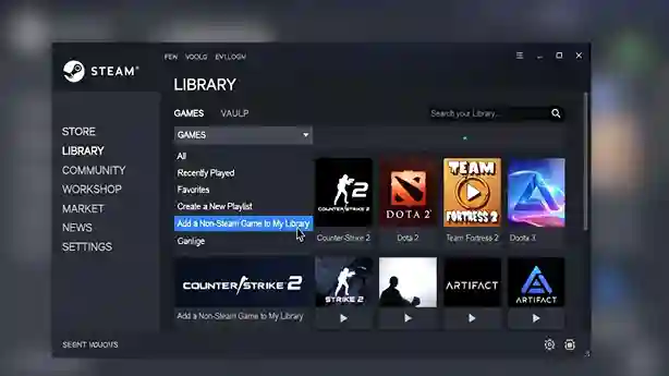 Steam library menu showing the Add a Non-Steam Game option