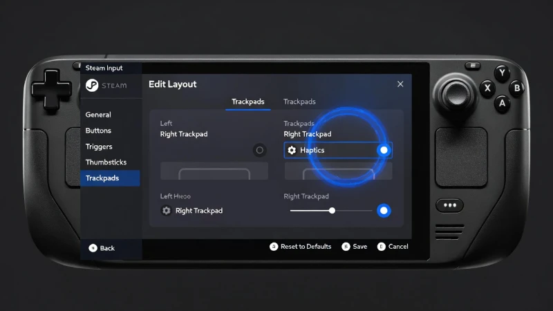 Steam Input Edit Layout screen highlighting the gear icon to adjust trackpad haptics for specific games