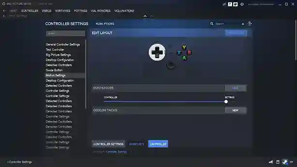 New Steam Big Picture Mode controller layout menu showing Joystick settings