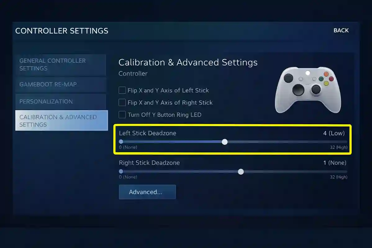 Adjusting the left stick deadzone slider in Steam
