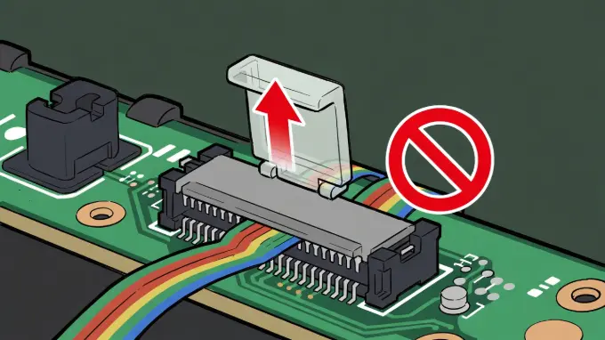 Diagram showing how to unlock a Switch Lite ZIF ribbon cable connector by lifting the flap
