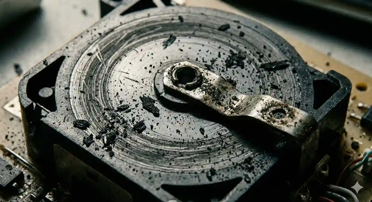 Macro view of a worn-out potentiometer sensor showing scratched carbon tracks and graphite dust causing stick drift.