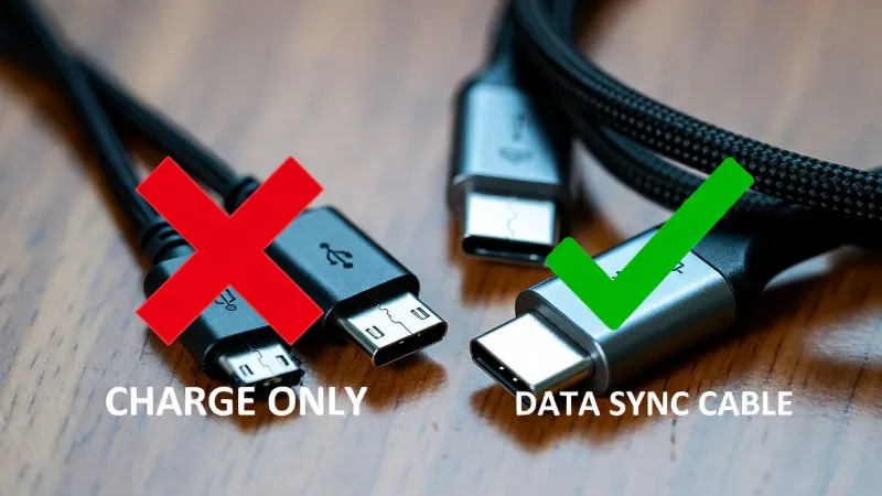Visual comparison showing a thin charge-only cable labeled with an X versus a thick data sync cable labeled with a checkmark