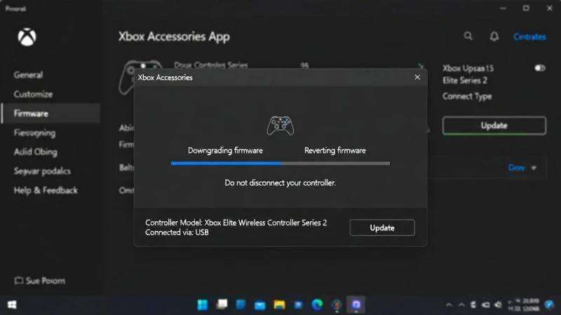 Screenshot of Xbox Accessories App on PC showing the firmware downgrade process to fix unresponsive Elite Series 2 paddles