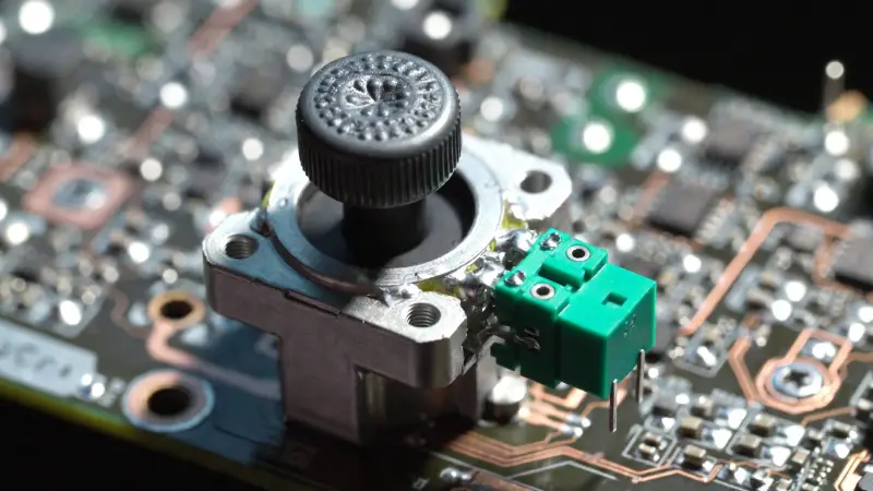 Close up of Xbox Series X joystick module showing green potentiometer sensor component.
