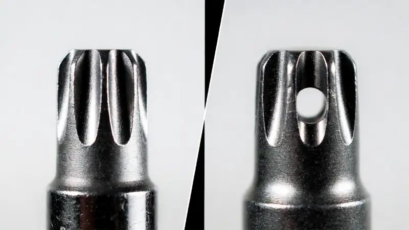 Close up comparison of standard Torx vs T8 Security screwdriver tip for Xbox repair
