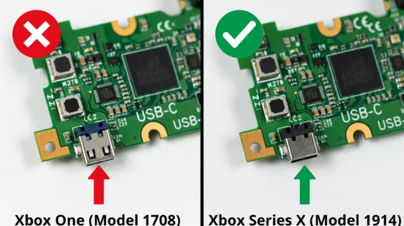 Comparison between Xbox One Model 1708 Micro-USB board and Xbox Series X Model 1914 USB-C daughterboard.